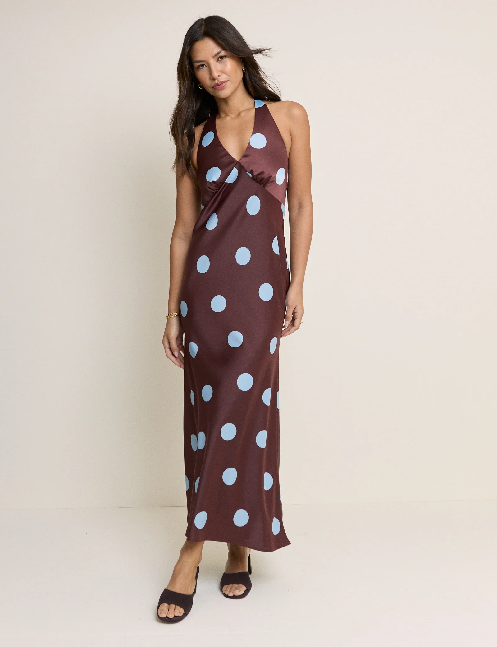 Brown Polka Dot Cali Halter Neck Midi Dress | Nobody's Child