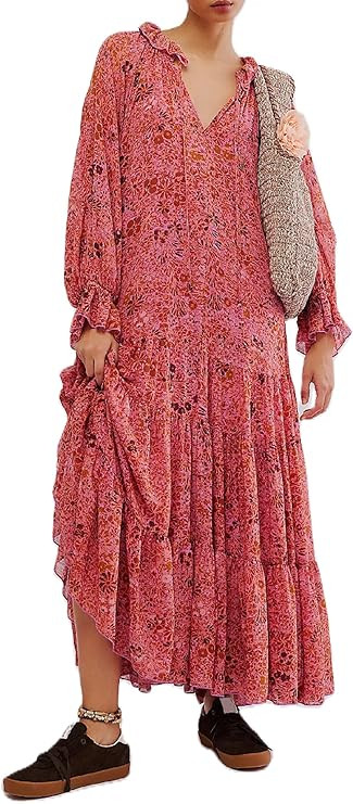 Women Boho Floral Maxi Dress Puff Sleeve Flowy Long Dress V Neck Loose Fit Shirt Dress Bohemian T... | Amazon (US)