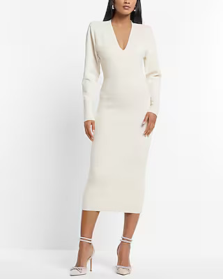 V-Neck Long Sleeve Padded Shoulder Back Cutout Midi Sweater Dress | Express