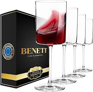 BENETI Square Crystal Wine Glasses Set Of 4 - European-made Handblown 14 oz Gift Packed Glasses -... | Amazon (US)