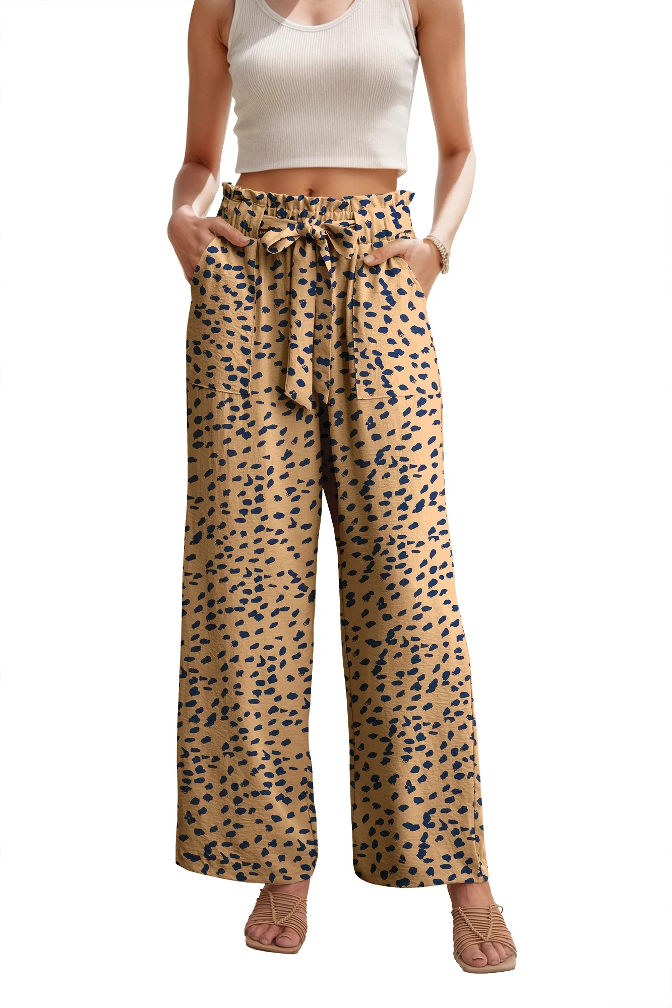 JWD Women's Wide Leg Pants With Pockets High Waist Adjustable Knot Loose Casual Trousers Business... | Walmart (US)