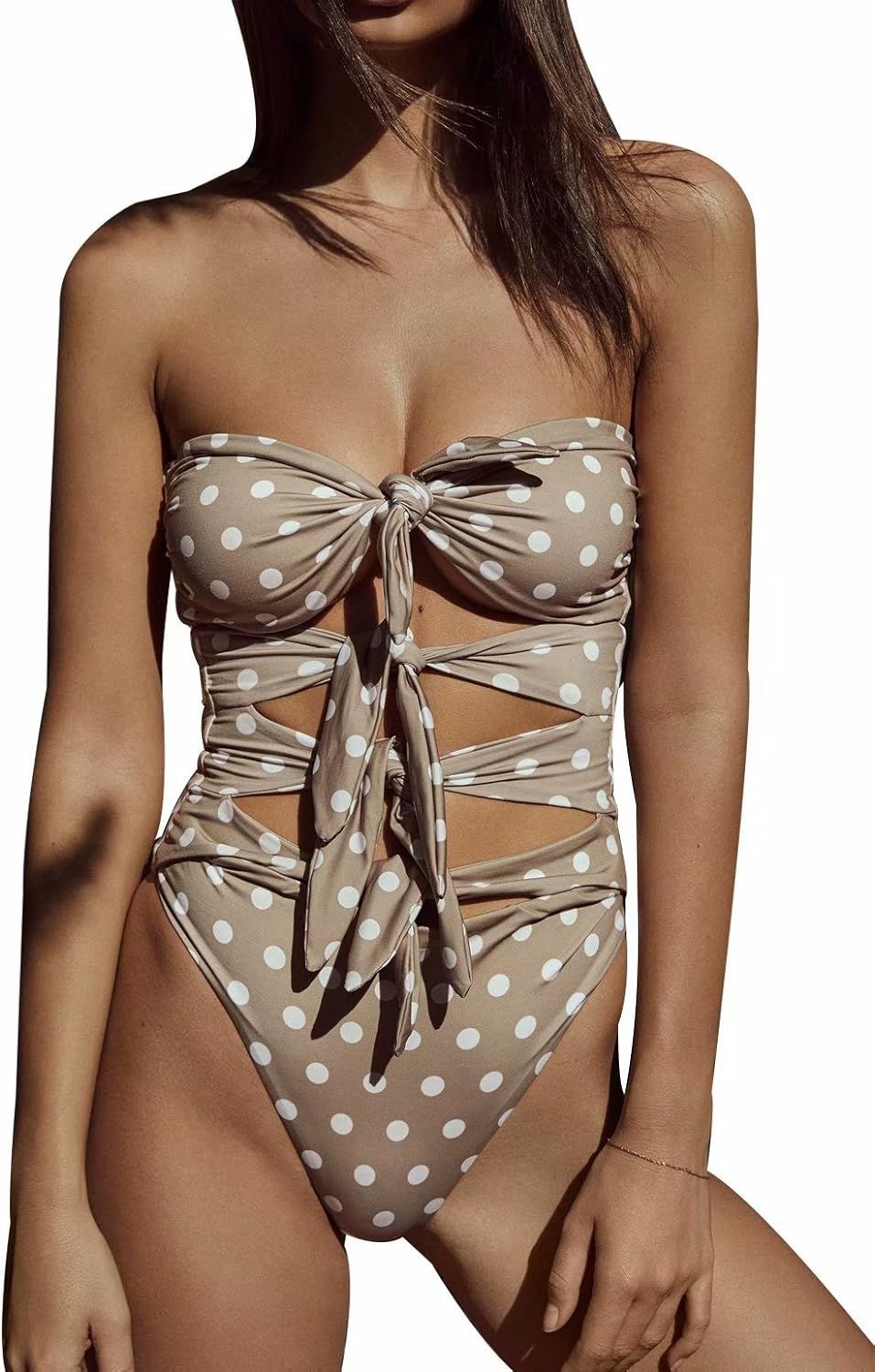 MAXIMGR Women Strapless Cut Out Front Tie Knot One Piece Swimsuit Sexy Padding Push Up Swimwear B... | Amazon (US)