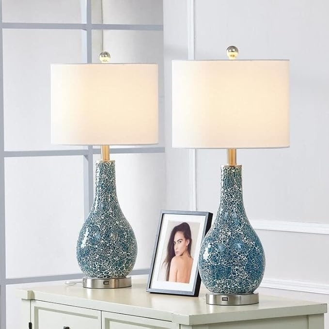 Maxax 25.25" Glass Table Lamp Set with USB (Set of 2) Green | Amazon (US)