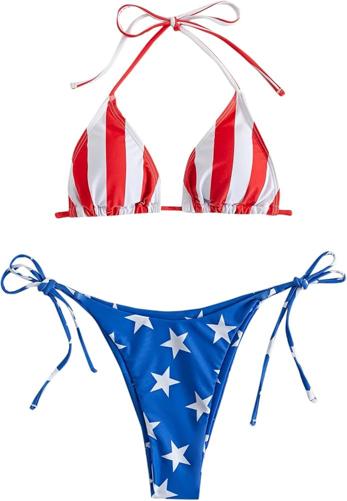 SOLY HUX Women's Color Block Halter Triangle Top and Tie Side Bikini Set Swimsuits | Amazon (US)
