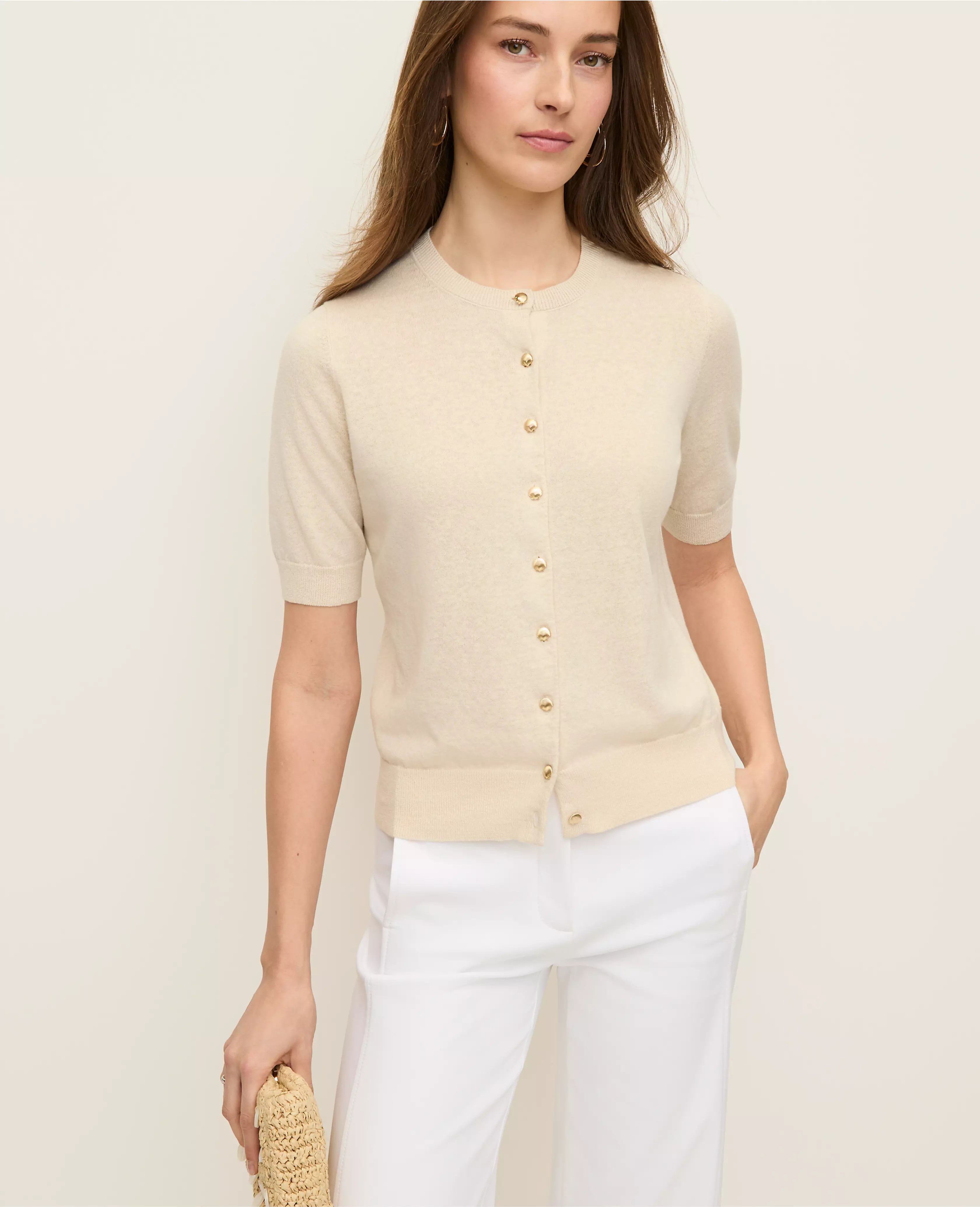 Shell Button Short Sleeve Linen Cardigan | Ann Taylor