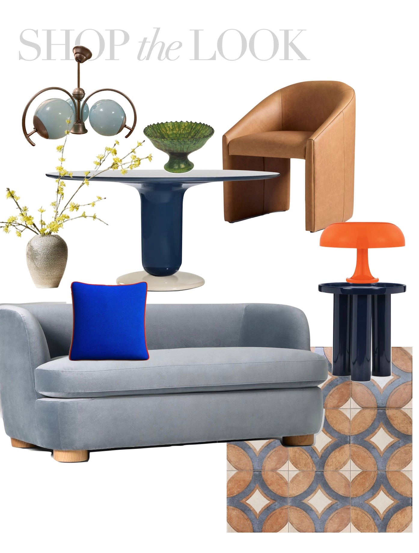 Playful Barcelona apartment decor ideas,  colorful Spanish interior design inspiration, modern blue sofa, blue lacquer round dining table, leather dining chairs, orange mushroom lamp

#LTKStyleTip #LTKHome