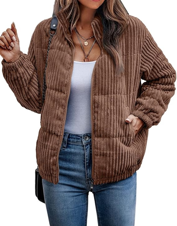 Angashion Women's Bomber Jacket Corduroy Ribbed Quilted Zip Up Long Sleeve Winter Coat Fall Outer... | Amazon (US)