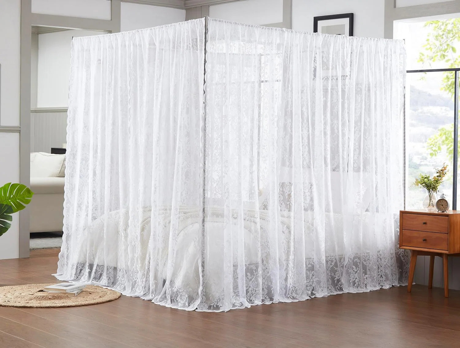 8 Piece Lace Canopy Bed Curtains Set With Tie-Backs for Queen or King Bed (Set of 8) | Wayfair North America