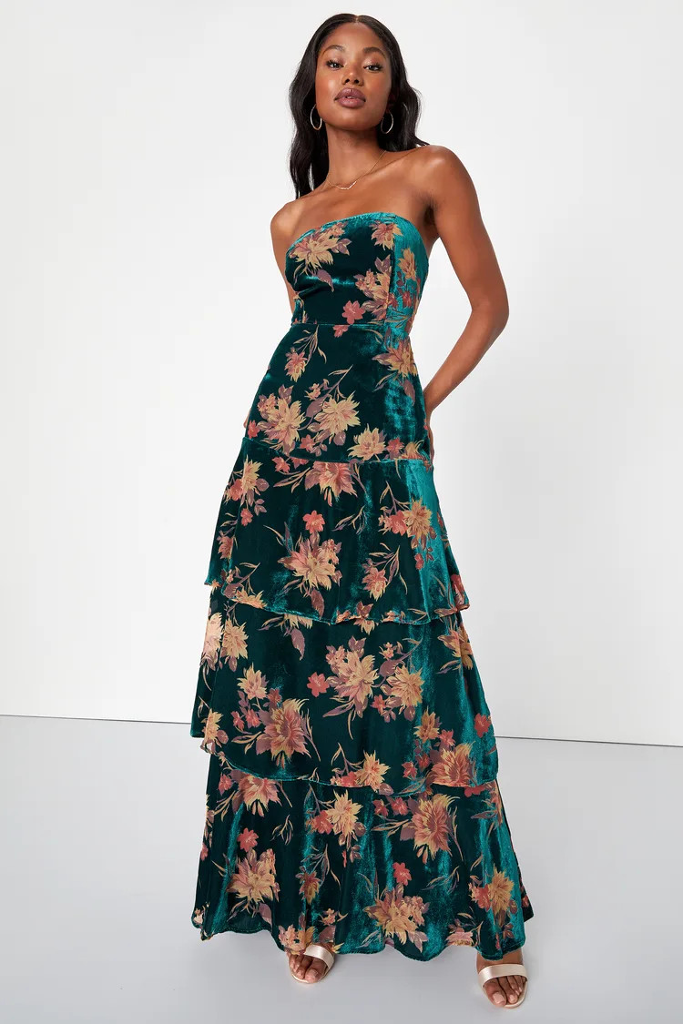 Real Allure Emerald Floral Burnout Velvet Strapless Maxi Dress | Lulus