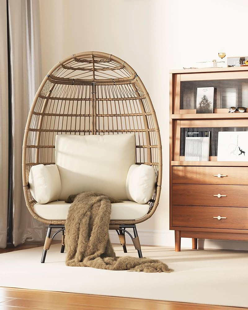 Oversize Rattan Egg Chair Indoor/Outdoor Wicker Egg Basket Lounge Chair Egg-Shaped Chair w/Steel ... | Amazon (US)