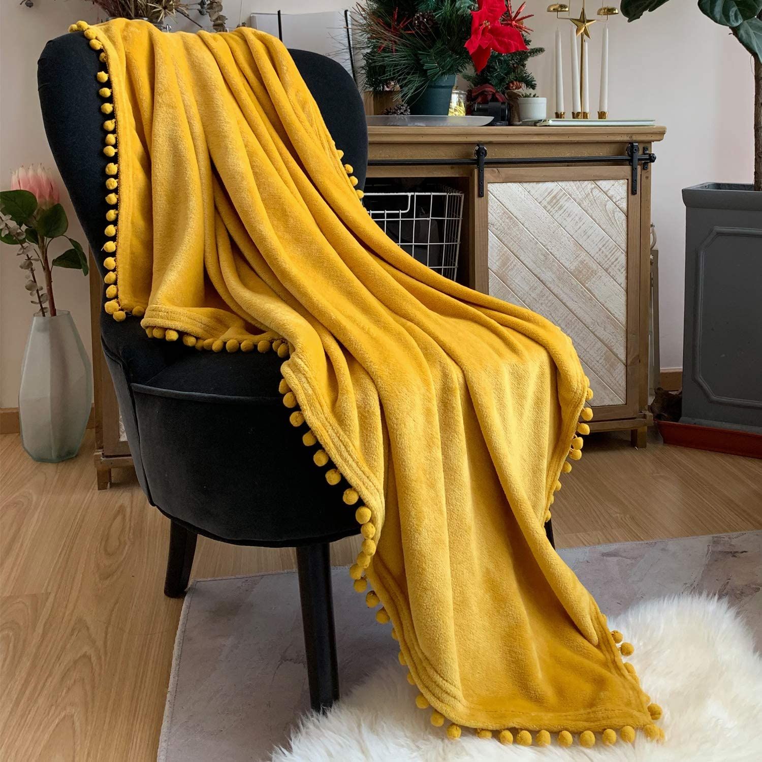 DecorX Flannel Blanket with Pompom Fringe Lightweight Cozy Bed Blanket Soft Throw Blanket fit Cou... | Walmart (US)