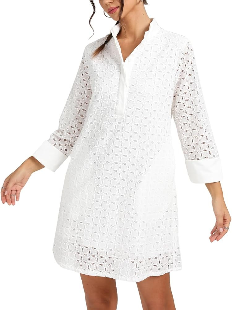 D-Sun Women's Eyelet Long Sleeve Mini Dress Fall Hollow Out Stand Collar V Neck Casual Party Shor... | Amazon (US)