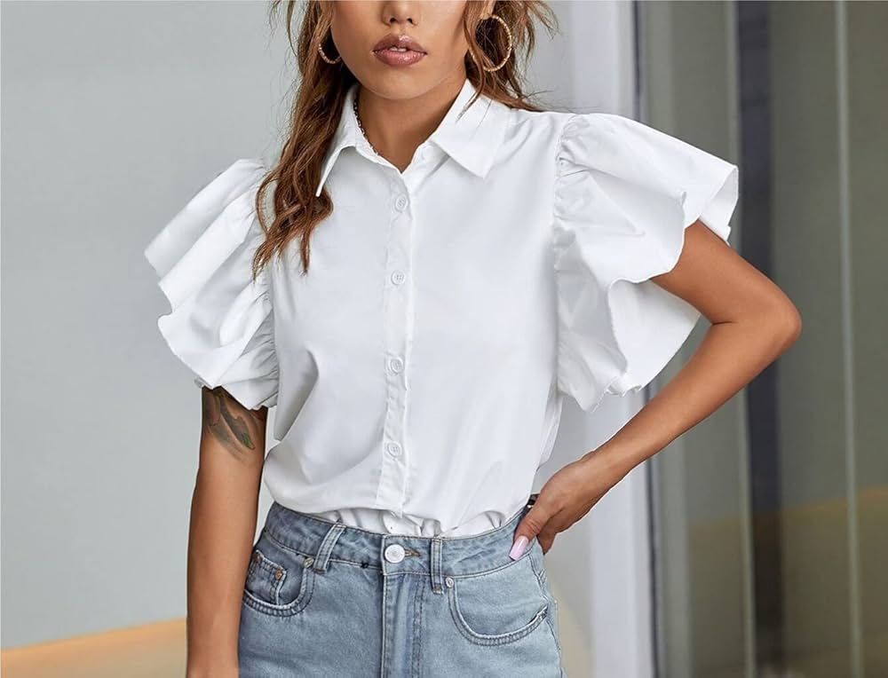 EFJONE Short Sleeve Blouses for Women White Ruffle Sleeve Button Front Casual Shirt Fashion Blous... | Amazon (US)