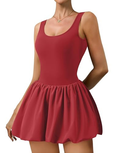 Athletic Dress for Women Bubble Hem Tennis Dress with Pockets U Neck Sleeveless Dress with Built in Shorts Red | Amazon (US)