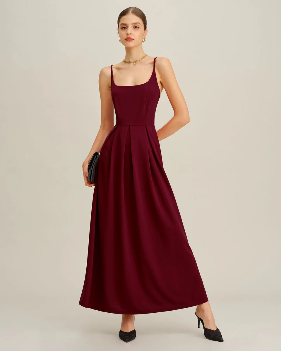 Wine Red Pleated Slip Maxi Dress | rihoas.com