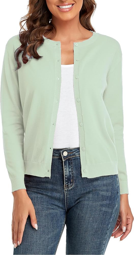 CUNYI Women's Crew Neck Cardigan Long Sleeve Sweater for Women Button Down Soft Knit Ladies Cardi... | Amazon (US)