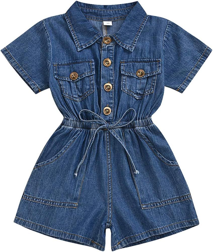 Toddler Baby Girl Clothes Denim Pocket Romper Short Sleeve Drawstring Jumpsuit One-Piece Coverall | Amazon (US)