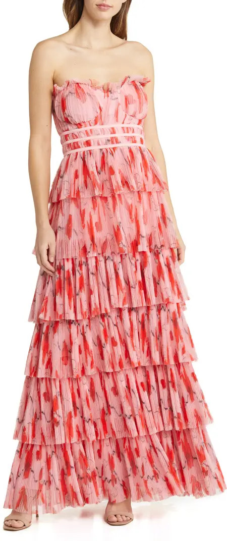 Monaco Strapless Ruffle Tiered Plissé Gown | Nordstrom