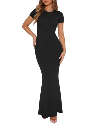 REORIA Women's Summer Sexy Casual Lounge Long Dress Elegant Wedding Guest Short Sleeve Crew Neck Bodycon Maxi Dresses Black X-Large | Amazon (US)