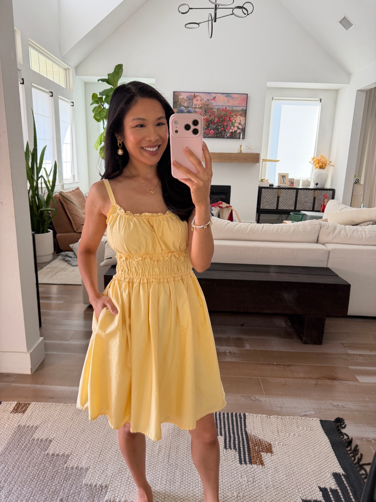 Butter yellow dress with statement pearl earrings. Love how this dress is nursing friendly, has pockets and is lined. Wearing size XS Tall for extra length since it’s a mini dress.

#LTKSaleAlert #LTKPetite