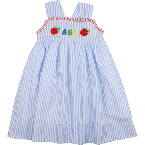 Blue Seersucker Smocked ABC Apple And Worm Dress | Cecil and Lou