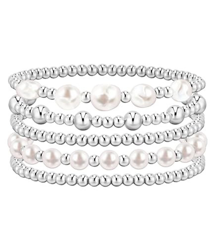 YAKEWA Gold Silver Beaded Bracelets Pack For Women, Adjustable Stretch Pearl Bead Ball Bracelet Stack Set Jewelry Small Gifts For Teen(Silver) | Amazon (US)