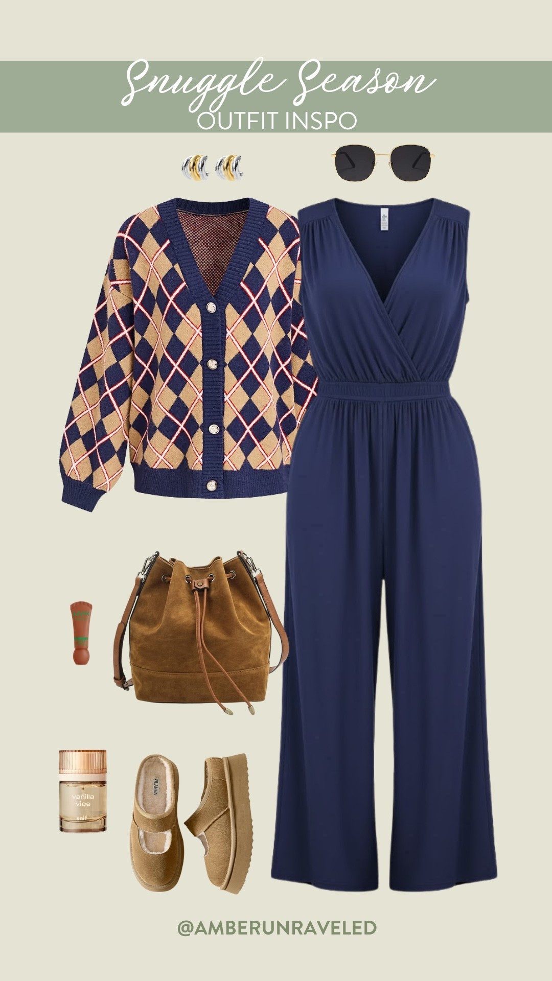 Snuggle season is here and this outfit is giving us all the cozy-chic vibes! Pair a comfortable, wide-leg jumpsuit with a stylish argyle cardigan for an elevated yet relaxed look. Complete with a cute suede bag and comfy Mary Jane clogs for the ultimate fall ensemble. 

sweater weather, casual chic, layered look, seasonal fashion, cozy footwear, trendy handbags, comfy clothes

#LTKFindsUnder50 #LTKBeauty #LTKSeasonal