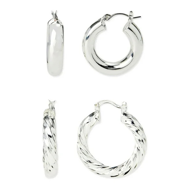 Scoop Womens Fine Silver-Plated Hoop Earring Set, 2-Piece - Walmart.com | Walmart (US)