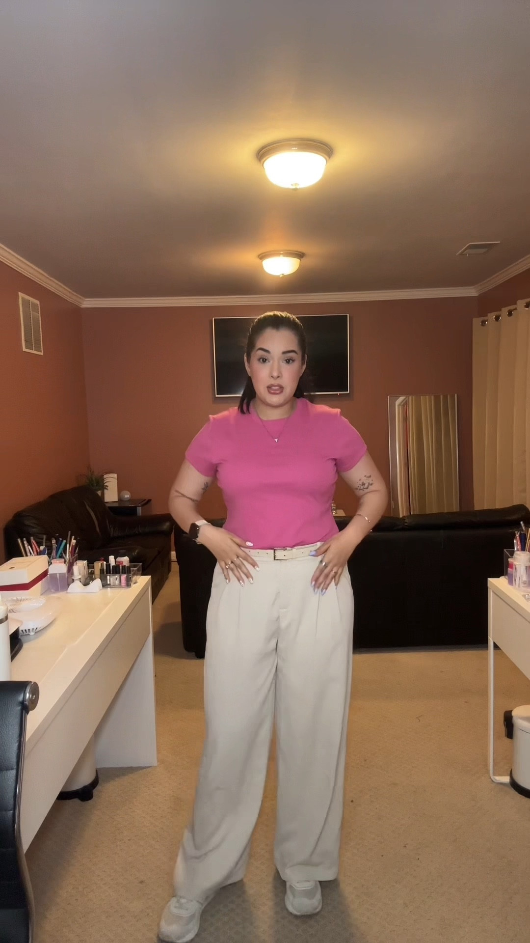 GRWM for work! Here I’m using some of my FAVORITE things!😍😍 these Amazon trousers are the comfiest I own and these baby tees are the softest and best quality! #workclothes #workoutfit #workpants #workshirt #cottonshirt #workootd #grwmforwork 