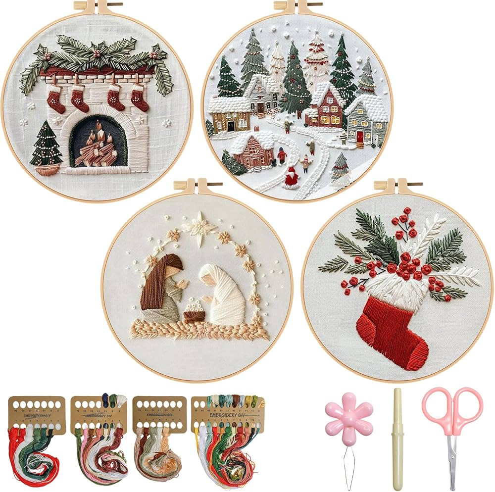 TPZBWG Christmas Embroidery Kit, 4 Pack Cross Stitch Kits,DIY Embroidery Starter Kit for Adults &... | Amazon (US)