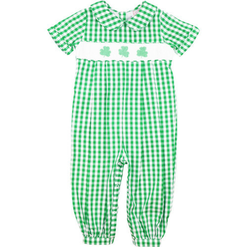 Green Check Smocked Shamrock Long Romper | Cecil and Lou