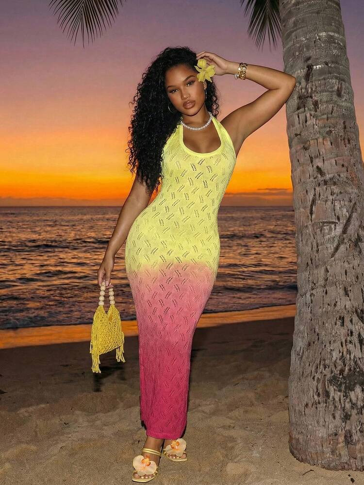 BamGleam Beach Vacation Outfits For Women  Women's Yellow Ombre Knit Maxi Dress Halter Neck Tie Back Deep Side Slit Crochet Hollow Out Bodycon Long Dress Spring Summer Beach Vacation Elegant Sexy Sundress Spring Outfitgoing Out Tops For Women Bodycon Maxi Dress Long Dresses For Women Bodycon Gradiation Dress For Woman Cheap Dresses For Ladies Under R100 Ombre Bodycon Dress | SHEIN