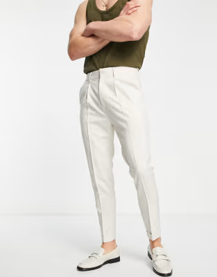 ASOS DESIGN smart tapered turnup trousers with micro texture in ecru | ASOS (Global)