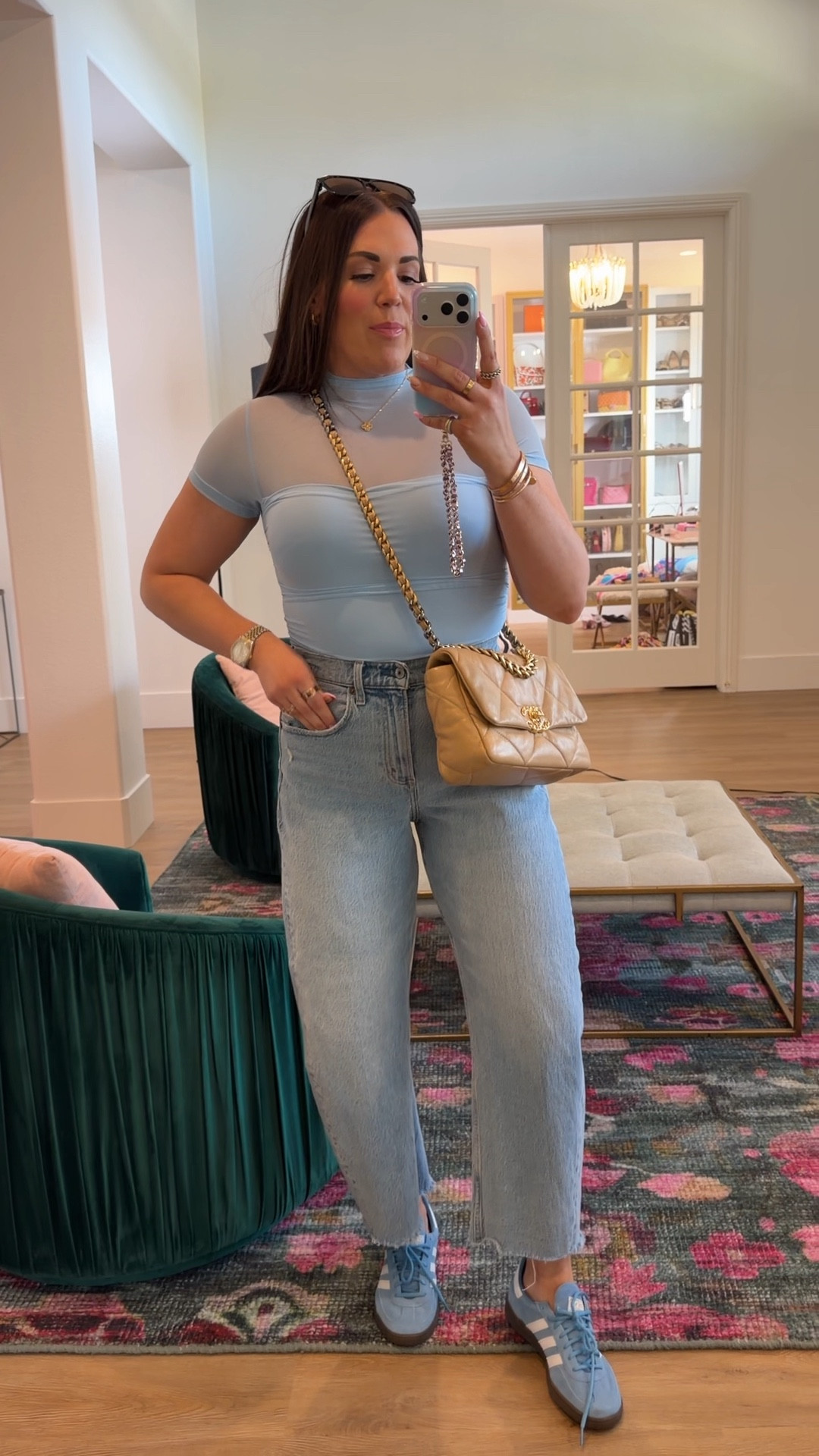 curvy midsize casual spring look! wearing size large in blue sheer bodysuit and size 29 in light wash barrel denim 🩵 

#LTKSeasonal #LTKMidsize