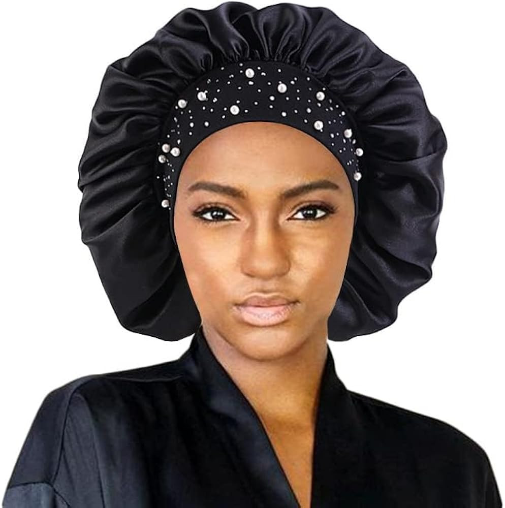 Hair Bonnet Glittering Pearls and Rhinestones Satin Bonnet Wide Band Sleeping Cap | Amazon (US)
