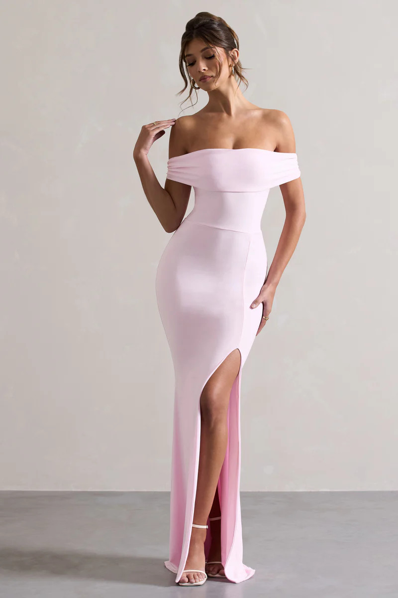 Law of Attraction | Pink Bardot Draped Split Maxi Dress | Club L London