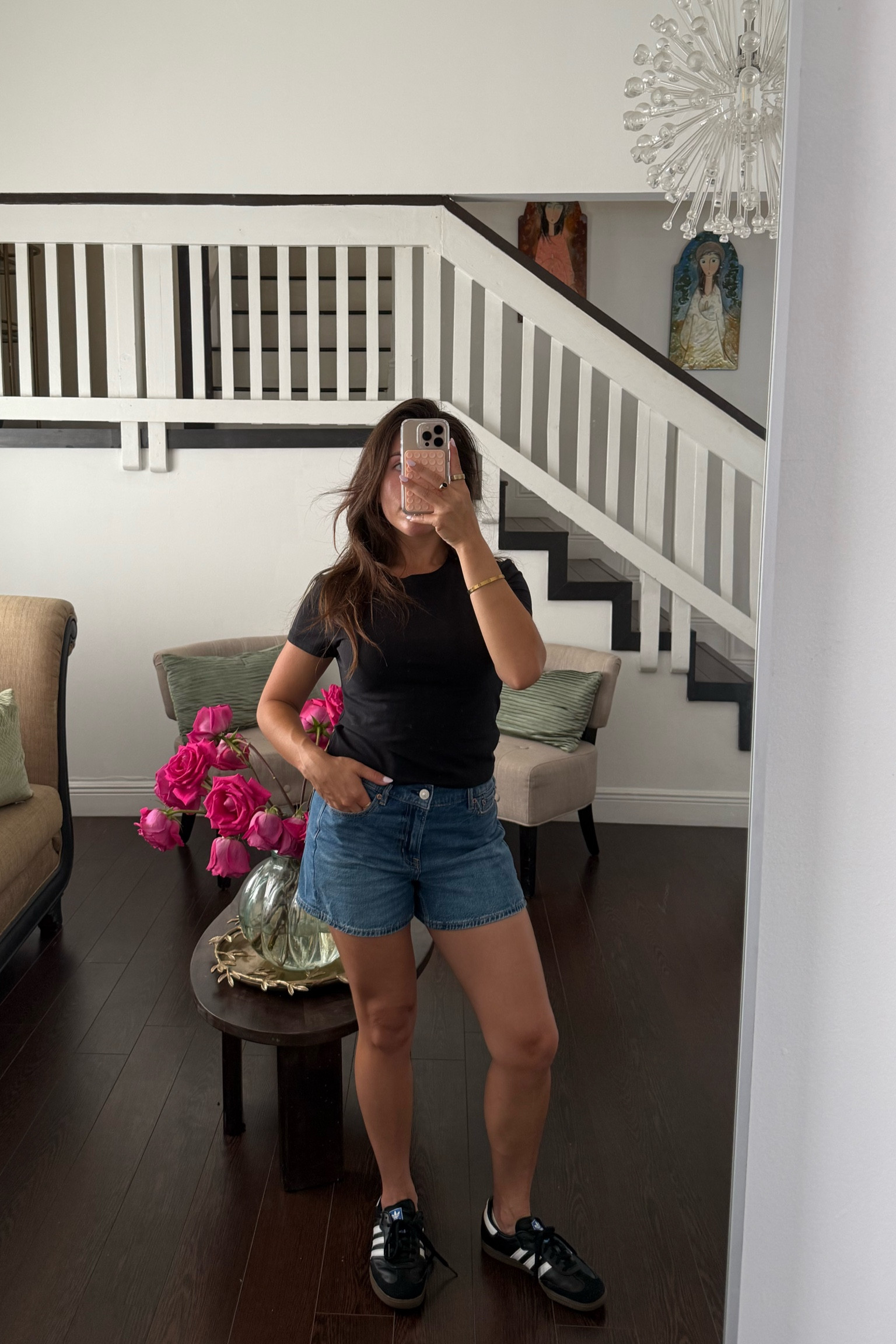 Happy Wednesday!! 🩶🩶🩶  simple tee from Abercrombie and Jean shorts from American Eagle, shoes from adidas/dicks! 

#LTKFindsUnder50 #LTKShoeCrush