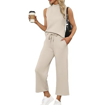 SAMPEEL Two Piece Sets for Women Summer Outfits Lounge Sets Mock Neck Tops Wide Leg Crop Pants Va... | Amazon (US)