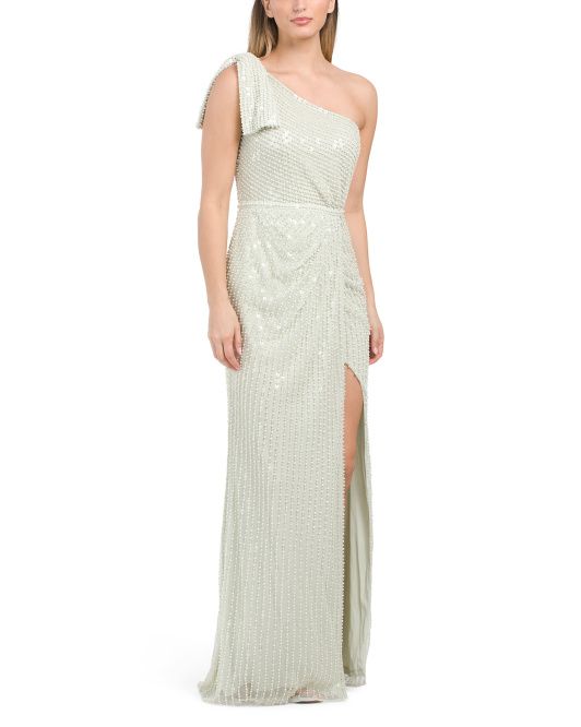 Pearl Embellished Soft Tie One Shoulder Gown | TJ Maxx