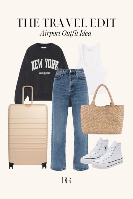 Travel Outfit Idea | airport outfit, airport outfits, travel outfits, travel looks, travel look, comfy travel outfit, comfy travel outfits, casual travel outfits, casual travel outfit, travel style, airport look, travel look, staple jeans, relaxed denim, relaxed jeans, woven tote, woven tote bag, travel tote, travel totes, cozy pullover, converse, high tops, high top sneakers 

#LTKtravel #LTKstyletip #LTKshoecrush