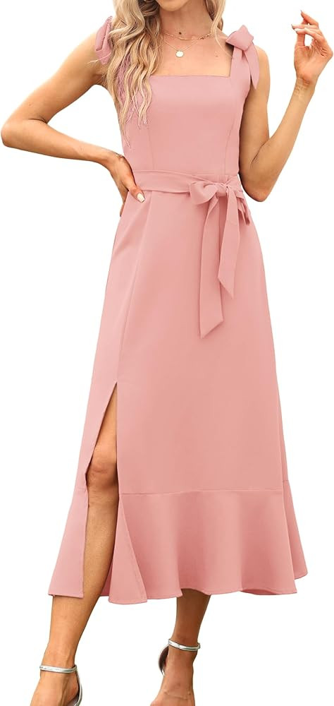 Women's Elegant Bridesmaid Dresses Square Neck Ruffle Split Midi Formal Dress for Wedding Guest C... | Amazon (US)