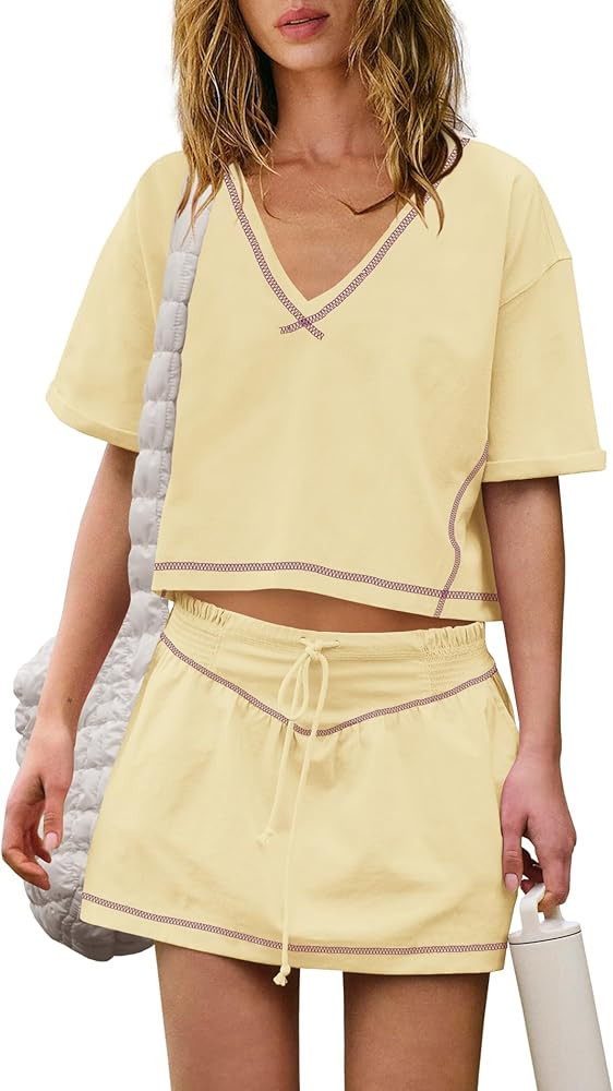 Nirovien Womens 2 Piece Workout Sets Summer Athletic Outfits Short Sleeve Crop Tops and Skirt wit... | Amazon (US)