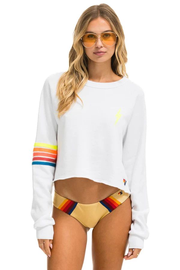 BOLT RUGBY STITCH CROPPED CREW SWEATSHIRT - WHITE // NEON RAINBOW | Aviator Nation