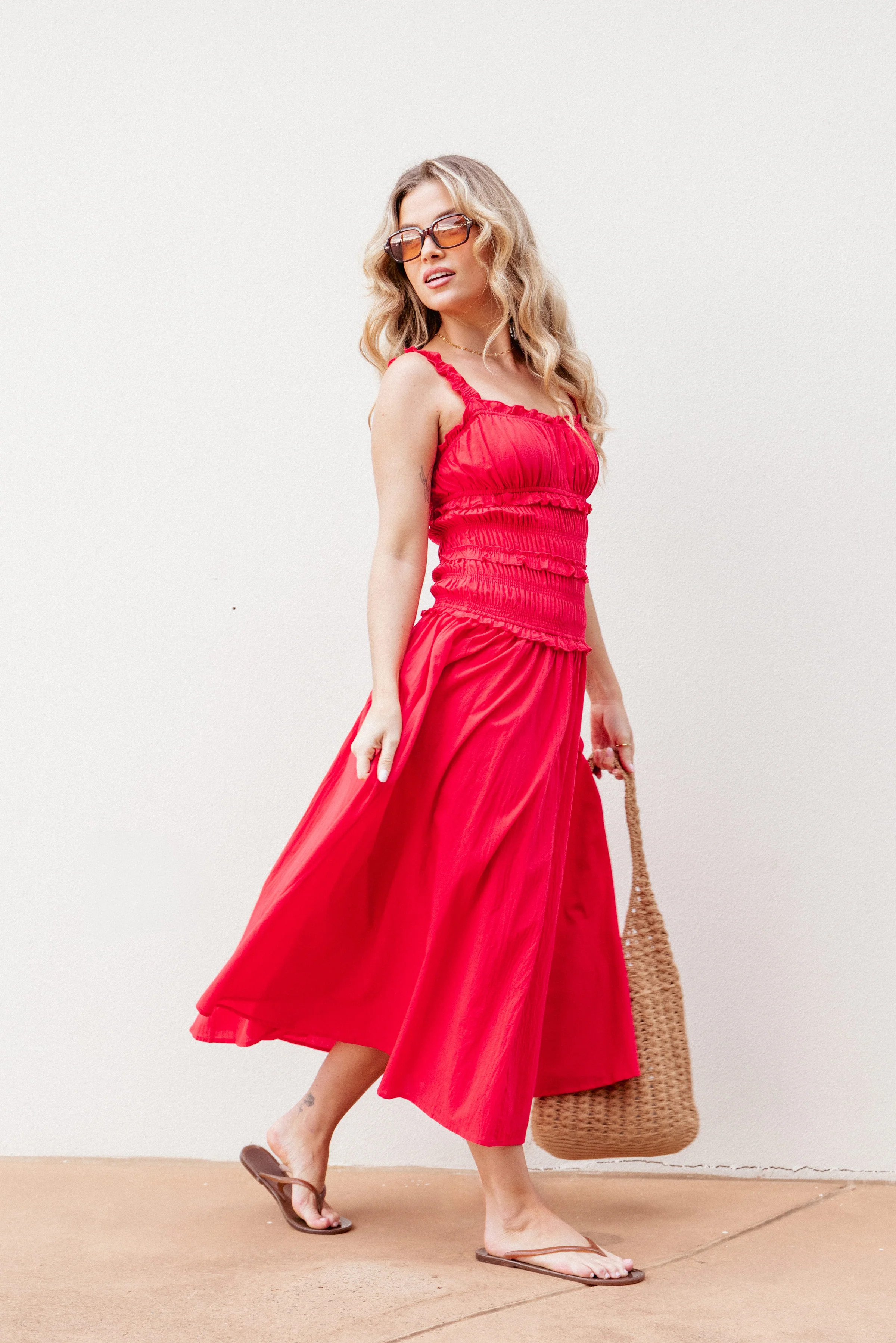 Enola Gather Midi Dress - Red | Petal & Pup (US)