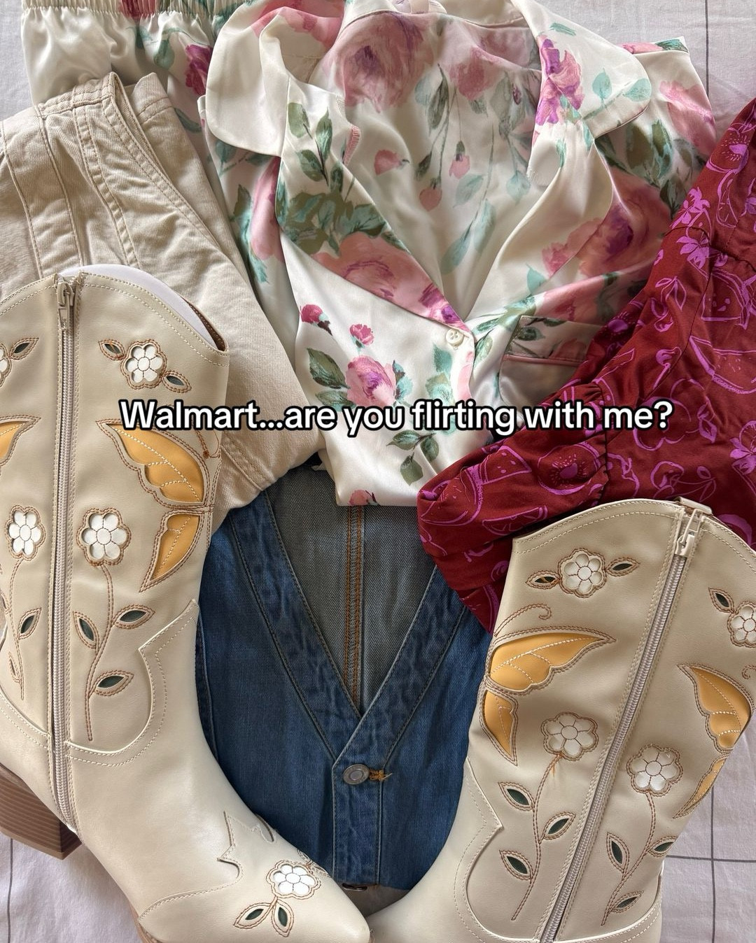 Walmart fashion finds I’m obsessed with right now: a fruit-slice bodice mini dress from No Boundaries (wearing medium, but sized down one to small), two denim dresses — one white denim, one classic denim — both wearing size small and true to size, a floral silky pajama set (wearing medium, fits true to size), and cream embroidered floral cowboy boots (wearing size 10, I’m normally a 9.5 and the 10 fits perfectly). All affordable, stylish, and perfect for fall! 🌻🎉 

#LTKFindsUnder50 #LTKSeasonal #LTKShoeCrush