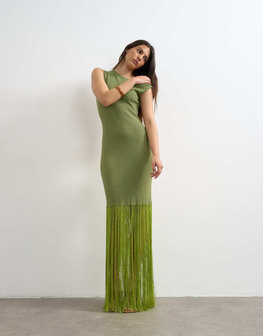 Topshop rib knit tassel trim maxi dress in green-White | ASOS (Global)