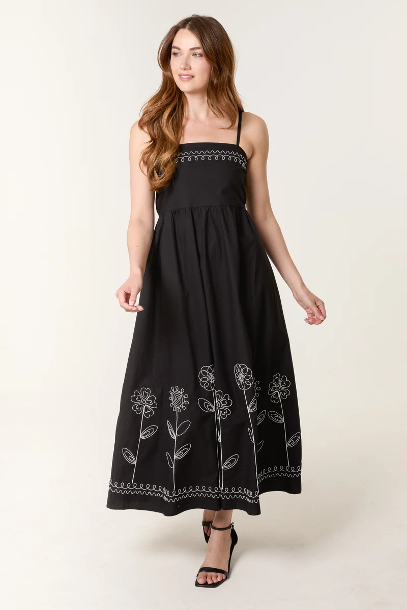 Black | Strappy Floral Embroidered Midi | Blue Vanilla | Blue Vanilla