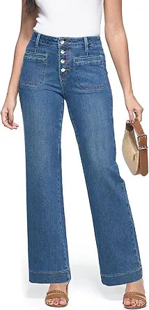 Women's Straight Leg Jeans High Waisted Stretchy Wide Leg Loose Denim Pants with Trendy Buttoned | Amazon (US)