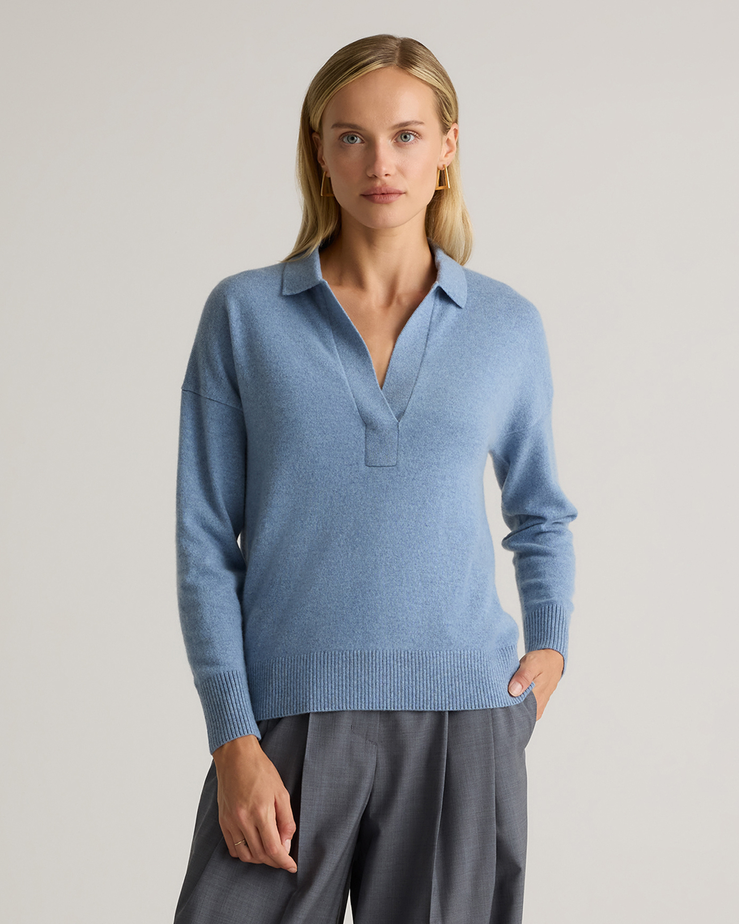 Quince | Women's Mongolian Cashmere Polo Sweater in Faded Denim, Size Small | Quince