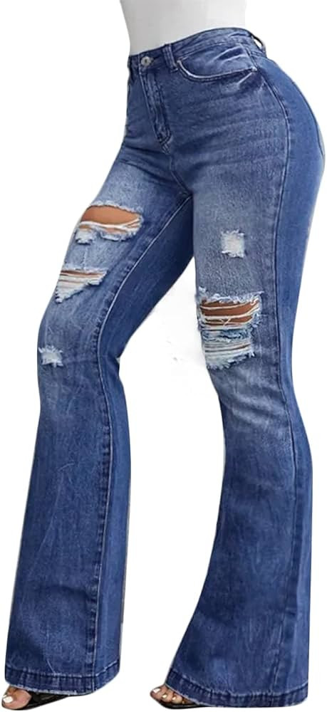 Flamingals Jeans for Women Vintage Sexy Distressed Raw Hem High Waist Flare Leg | Amazon (US)